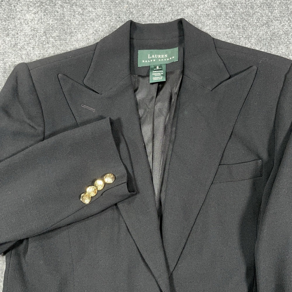 LRL Ralph Lauren Blazer Women 6 Black Worsted Wool Peak Lapel Gold Button USA